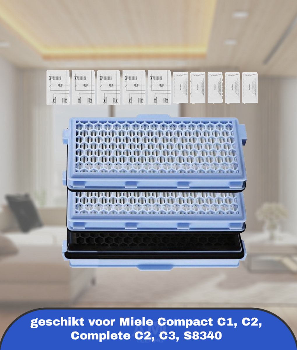 3 sets HEPA-filters, geschikt voor Miele Compact C1, C2, Complete C2, C3, S8340 stofzuigers. Inclusief 5 motorfilters en 5 AirClean-filters, geschikt voor modellen S4000, S5000, S6000 en S8000.