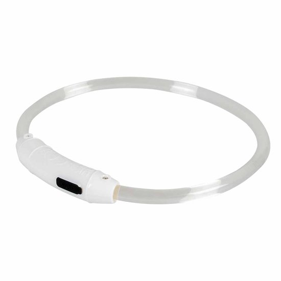 Un collier LED rechargeable transparent avec un interrupteur blanc, sur fond blanc.
