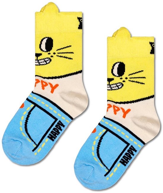 Paar gele sokken met kattengezicht, witte kraag en blauwe jeans onderkant. Happy Socks.