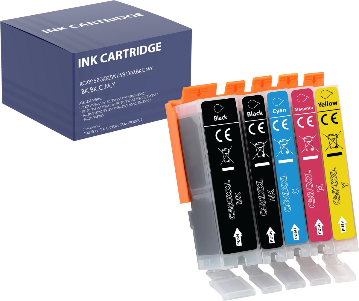 Inktcartridge geschikt voor Canon 580 581XXL compatibel Canon Pixma TR7500 TR8500 TS6100 TS6300 TS8150 TS8200 TS8300 TS9100 TS9500 - Pack 1 Zwart PGBK 1 Zwart 1 Cyaan 1 Magenta 1 Geel