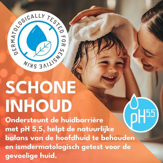 Moeder wast een lachend kind met een handdoek. Cirkel met waterdruppel en blad. "Schone Inhoud Ondersteunt de huidbarrière met pH 5,5" staat op de afbeelding.