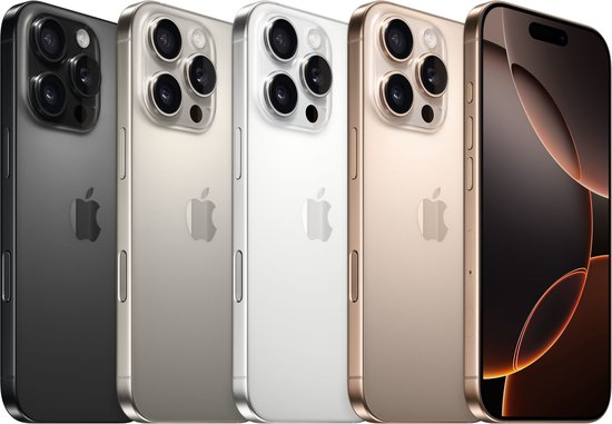 Vier iPhones op een rij in de kleuren zwart, grijs, wit en goud, met de achterkant naar de kijker toe.