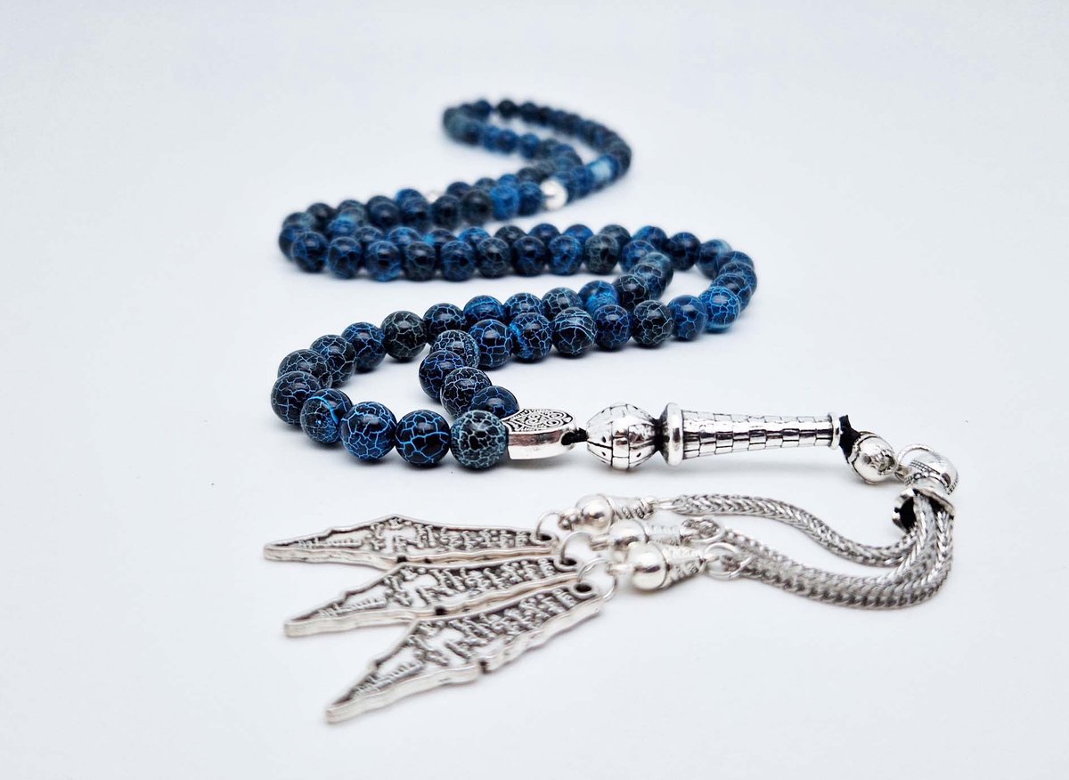 Handgemaakte tesbih "Tasbih" natuursteen " Blauwe harmonie" - Aantal kralen 99 - Diameter kralen 8MM - met metaal tassel "Palestina" - Een mooi cadeau-idee