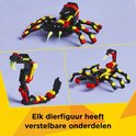 LEGO Creator 3in1: spin, slang en schorpioen, allen zwart, rood en geel, met verstelbare onderdelen.