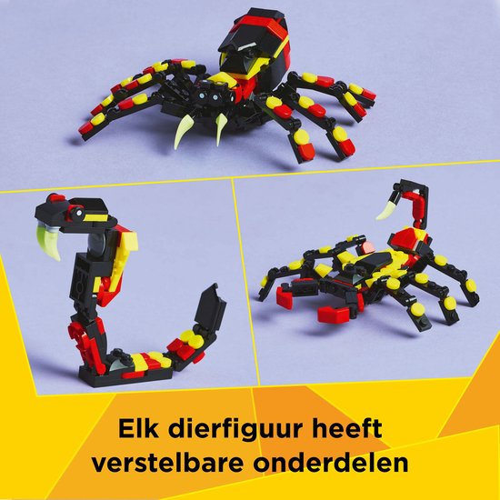 LEGO Creator 3in1: spin, slang en schorpioen, allen zwart, rood en geel, met verstelbare onderdelen.