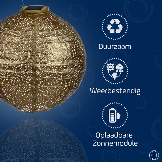 Gouden, ronde lampion van Tyvek met perforaties. Met icons voor duurzaam, weerbestendig, en oplaadbare zonnemodule.