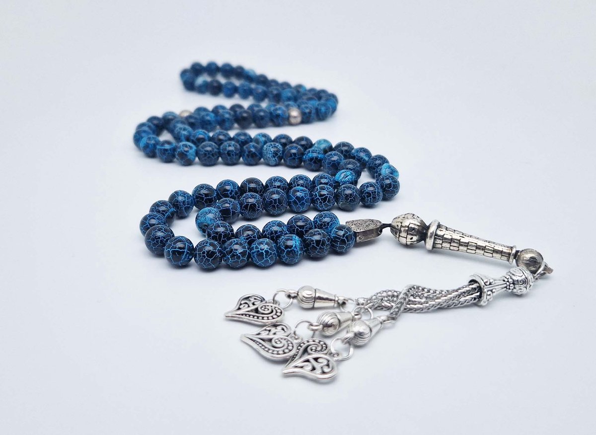 Handgemaakte tesbih "Tasbih" natuursteen " Blauwe harmonie" - Aantal kralen 99 - Diameter kralen 8MM - met metaal tassel "Harten" - Een mooi cadeau-idee