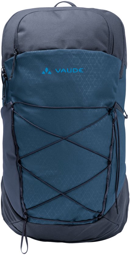 Donkerblauwe Vaude rugzak met Vaude logo en gedetailleerd patroon op het voorpaneel.