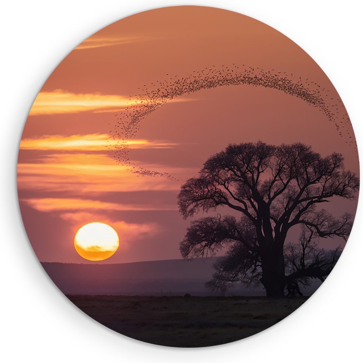 Saammp Muurcirkel Hout - Vogels met zonsondergang - Dieren - Bloemen - Ø 50 - Wandcirkel - Wanddecoratie Cirkel - muurdecoratie Woonkamer - Slaapkamer decoratie - Rond Schilderij