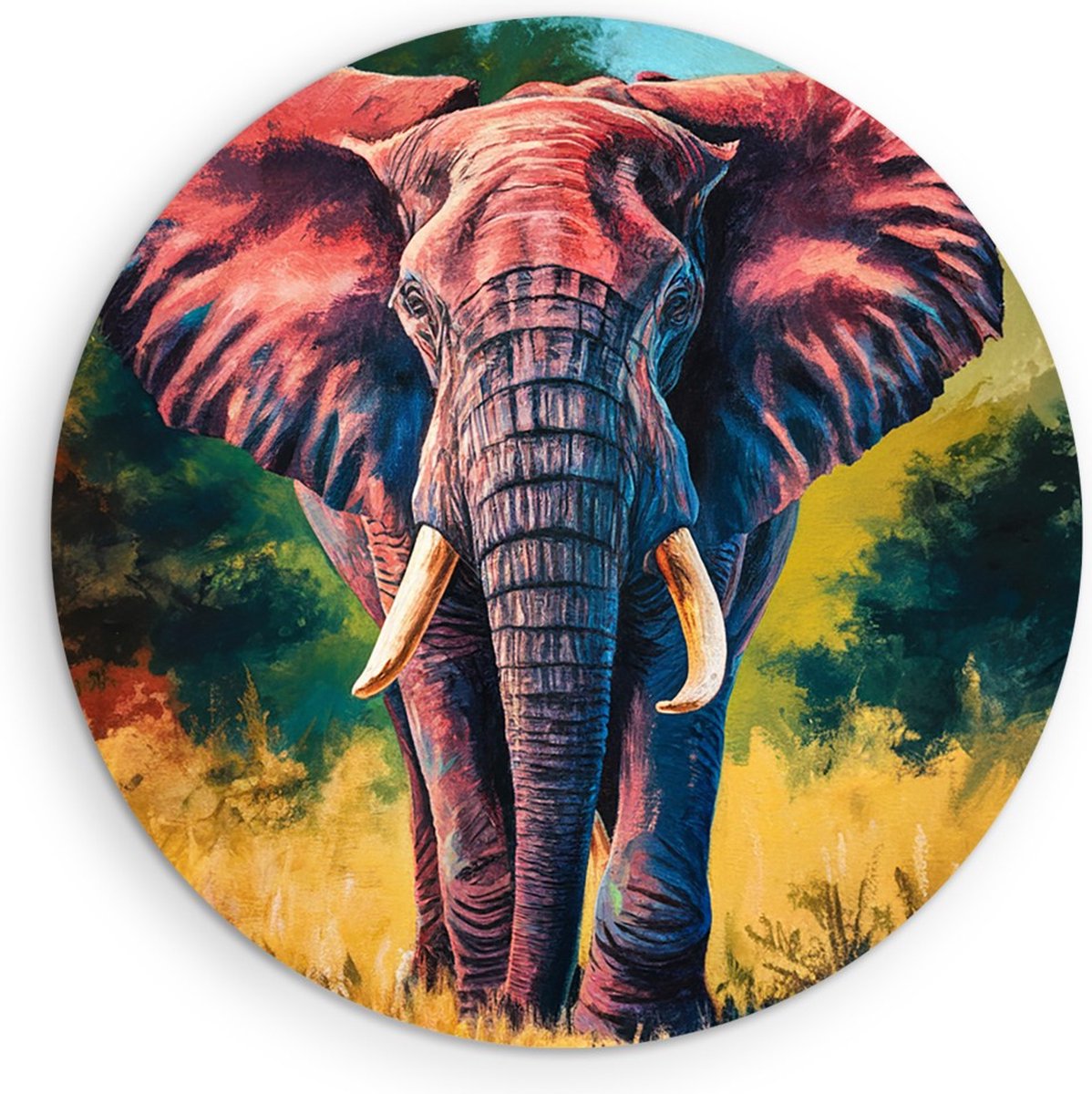 Saammp Muurcirkel Hout - Kleurrijke olifant - abstract - Dieren - Ø 60 - Wandcirkel - Wanddecoratie Cirkel - muurdecoratie Woonkamer - Slaapkamer decoratie - Rond Schilderij