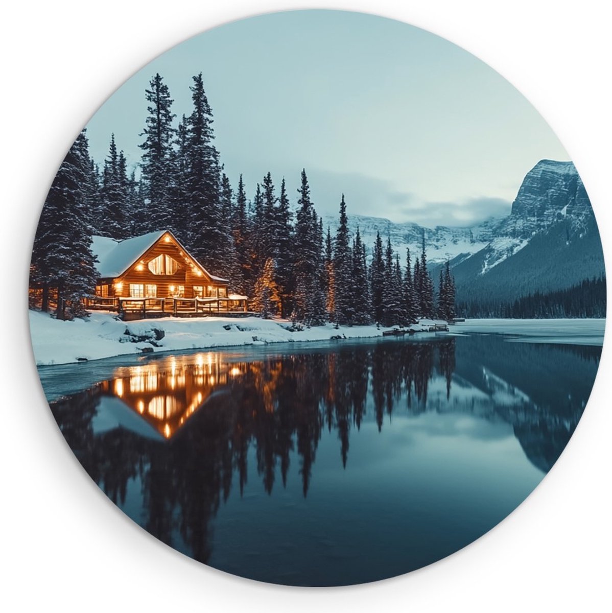Saammp Muurcirkel Hout - Natuur - Huis naast een meer - landschap - Ø 50 - Wandcirkel - Wanddecoratie Cirkel - Muurdecoratie Woonkamer - Slaapkamer decoratie - Rond Schilderij