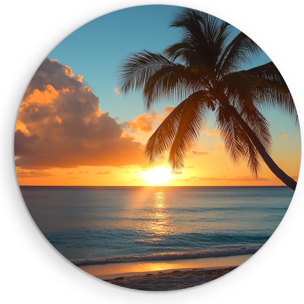 Saammp Forex Muurcirkel - Tropisch strand - Zee met zonsondergang - Palmboom - Ø 30 - Wandcirkel - Wanddecoratie Cirkel - muurdecoratie Woonkamer - Slaapkamer decoratie - Rond Schilderij