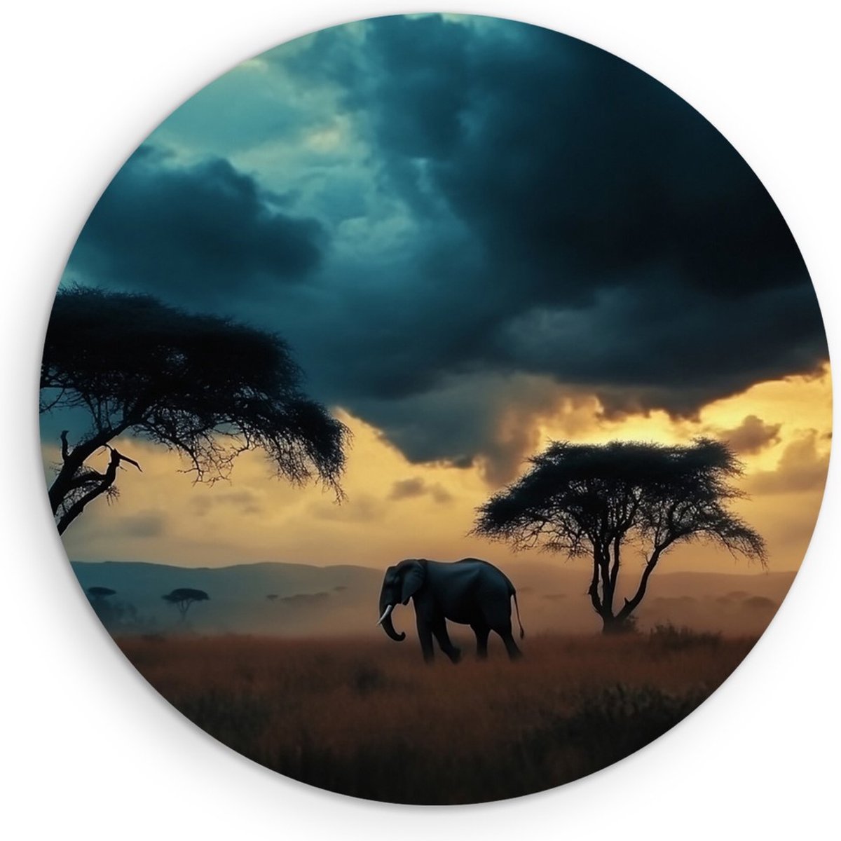 Saammp Muurcirkel Hout - Olifant in de serangeti - Storm - Dieren - Ø 40 - Wandcirkel - Wanddecoratie Cirkel - muurdecoratie Woonkamer - Slaapkamer decoratie - Rond Schilderij