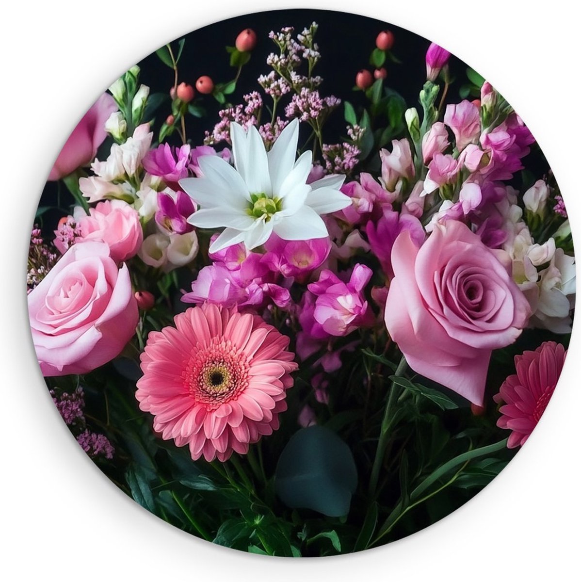 Saammp Forex Muurcirkel - roze bloemen boeket - Natuur - Abstract - Ø 50 - Wandcirkel - Wanddecoratie Cirkel - Muurdecoratie Woonkamer - Woonkamer Decoratie