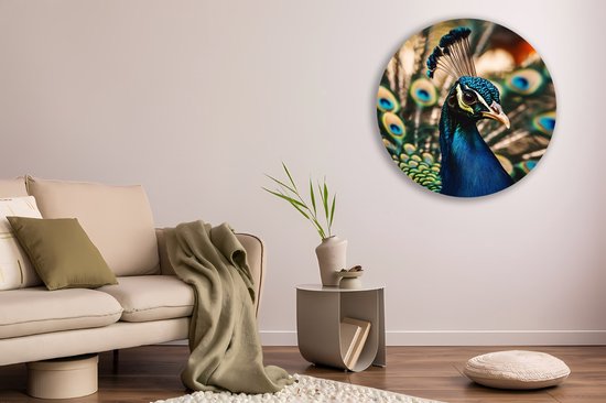Cercle mural Saammp Forex - Paon en gros plan - Fleurs - Animaux - Nature - Ø 50 - Cercle mural - Cercle de Décoration murale - Décoration murale Salon - Décoration de chambre - Peinture ronde