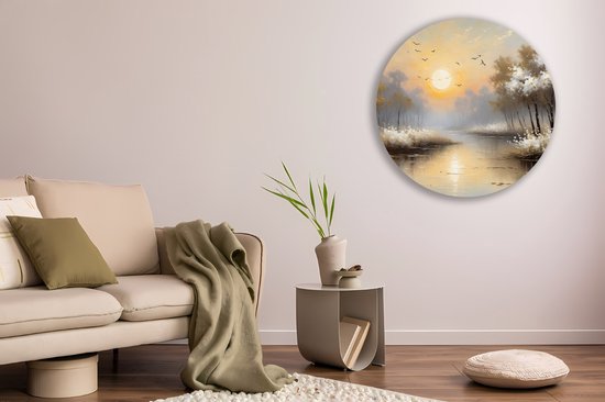 Saammp Forex Muurcirkel - witte landschap met zon - Natuur - Ø 70 - Wandcirkel - Wanddecoratie Cirkel - Muurdecoratie Woonkamer - Slaapkamer decoratie - Rond Schilderij