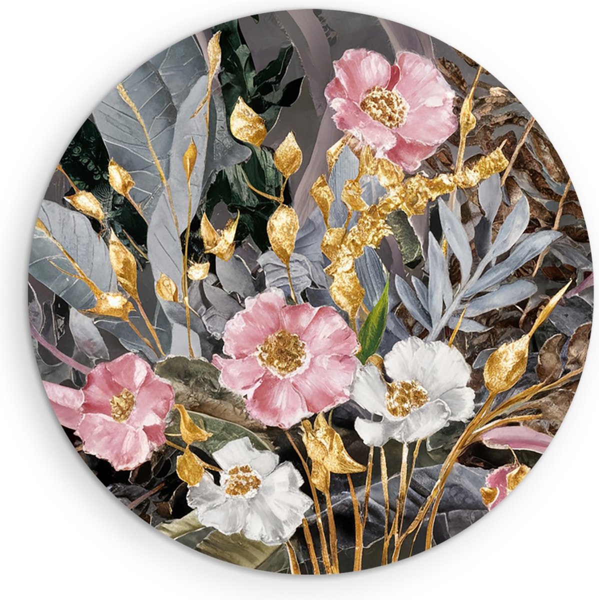 Saammp Forex Muurcirkel - Abstracte bloemen met goud en roze - Ø 60 - Wandcirkel - Wanddecoratie Cirkel - Muurdecoratie Woonkamer - Kantoor Decoratie