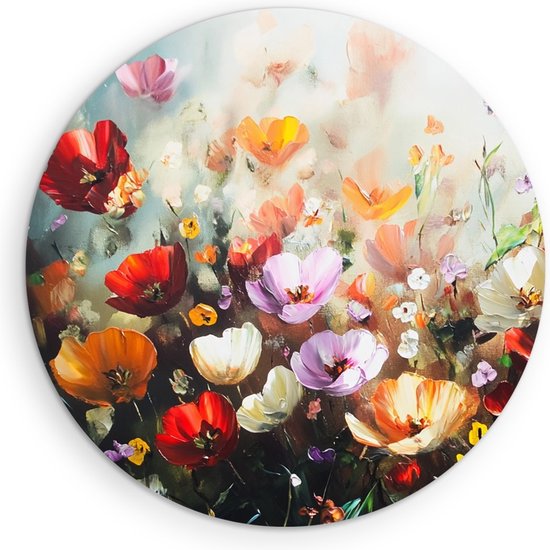 Saammp Muurcirkel Hout - Kleurrijk Bloemenveld Schilderij - Abstract - Natuur - Ø 30 - Wandcirkel - Wanddecoratie Cirkel - Modern Interieur - Woonkamer Decoratie