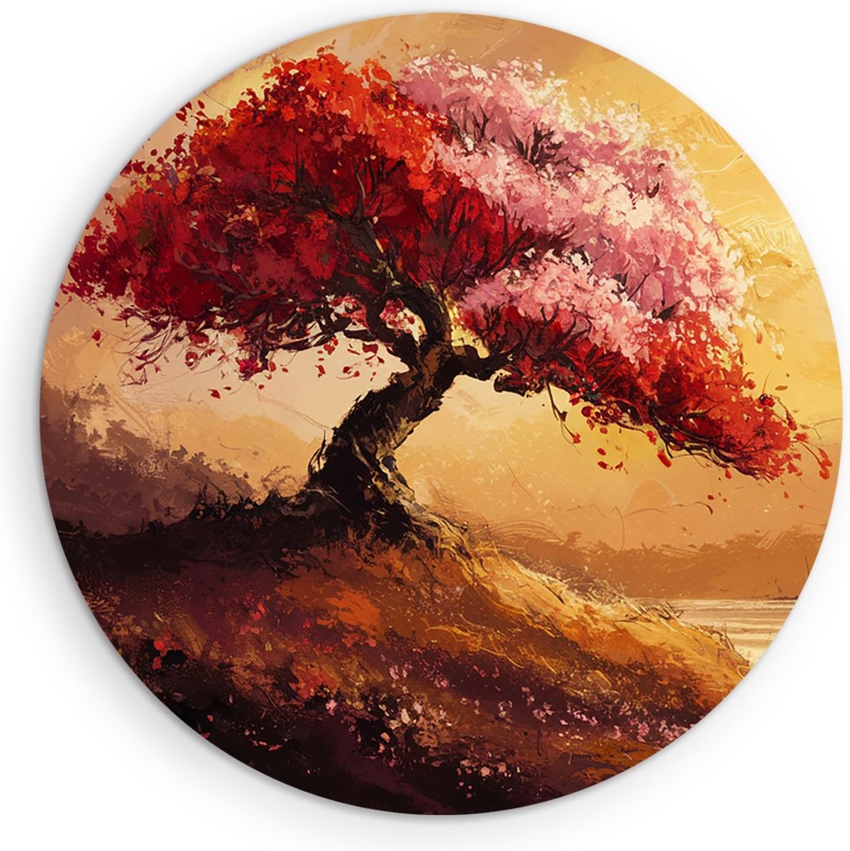 Saammp Forex Muurcirkel - Abstracte Boom met rode bladeren - Landschap - Natuur - Ø 90 - Wandcirkel - Wanddecoratie Cirkel - Muurdecoratie Woonkamer - Slaapkamer decoratie - Rond Schilderij