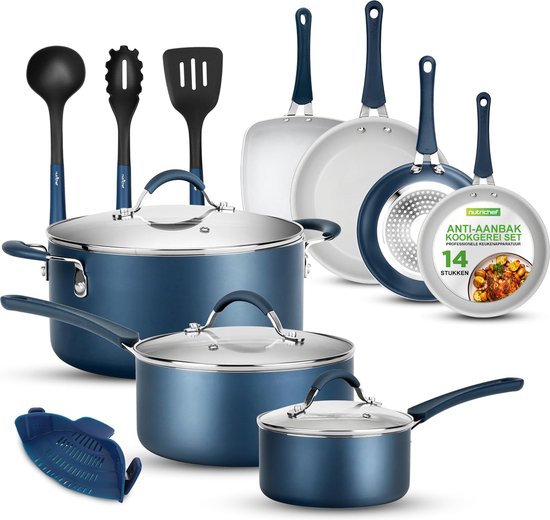 NutriChef, Batterie de Cuisine à Induction, Batterie de Cuisine 14 pièces - Ensemble de poêles et casseroles antiadhésives durables avec couvercles et ustensiles, compatible avec toutes les plaques de cuisson - Bleu marine