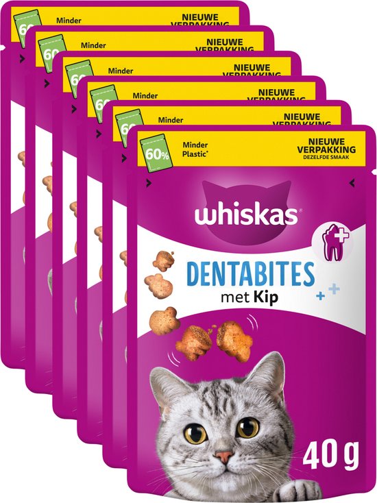 Zes verpakkingen Whiskas Dentabites met kip, 40g. Nieuwe verpakking, 60% minder plastic.