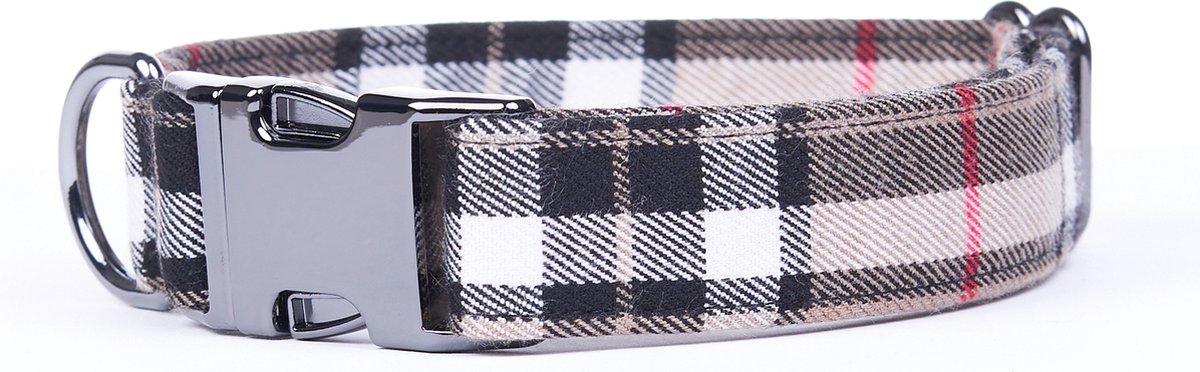 Awesome Paws halsband hond - Honden Halsband plaid patroon - hondenhalsband schotse ruit - Handgemaakt in Nederland | Beige Bruin - Maat S