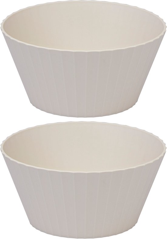 Twee identieke beige kommen met verticale ribbels op een witte achtergrond.