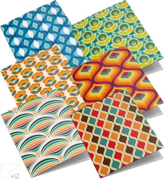 Wenskaarten set Retro - 12 dubbele kaarten met enveloppen - zonder boodschap - Extra stevige kaarten met UV-lak