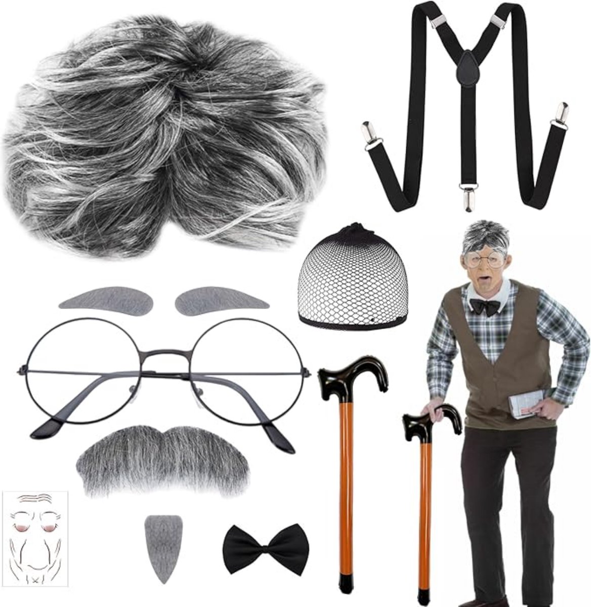XNIVUIS 3 Pièces Ensemble de Perruque de Grand père Costume de Grand père Perruques Homme,Perruque Scientifique Professeur Fou Moustache pour Halloween Carnaval Cosplay (3 Pièces XNIVUIS 3 Pièces Ensemble de Perruque de Grand père Costume de Grand père Perruques Homme,Perruque Scientifique Professeur Fou Moustache pour Halloween Carnaval Cosplay (3 Pièces