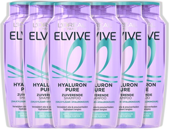 L'Oréal Paris Elvive Hyaluron Pure Zuiverende Shampoo - voor een vette hoofdhuid en droge punten - met hyaluronzuur en salicylzuur - 6x 250 ml