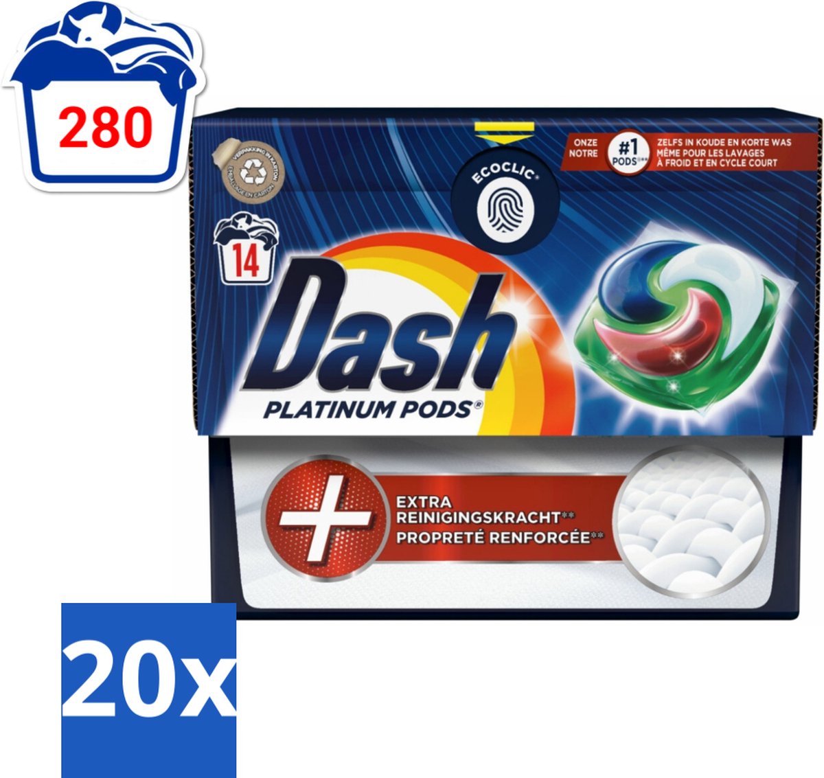 Dash Platinum - Wasmiddel Capsules - Witte en Gekleurde Was - 14 Wasbeurten - Bulkverpakking - 20 stuks
