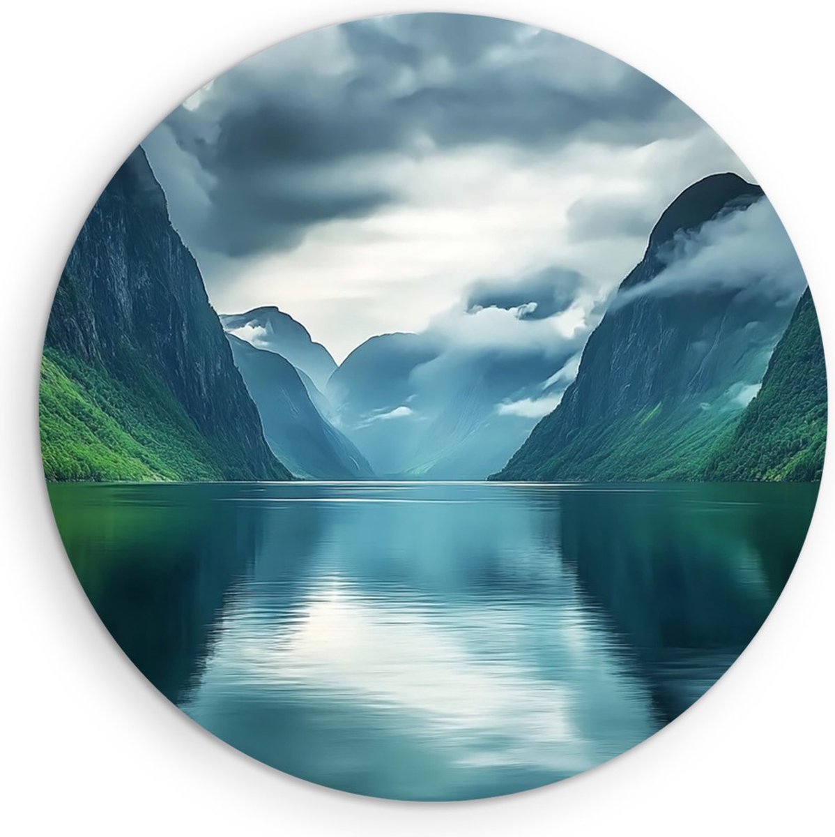 Saammp Muurcirkel Hout - Fjorden met mist - Landschap - Natuur - Ø 90 - Wandcirkel - Wanddecoratie Cirkel - Muurdecoratie Woonkamer - Slaapkamer decoratie - Rond Schilderij