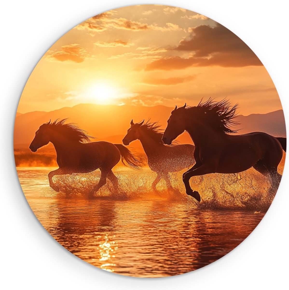Saammp Muurcirkel Hout - Rennende Groep Paarden - Dieren - Natuur - Ø 90 - Wandcirkel - Wanddecoratie Cirkel - muurdecoratie Woonkamer - Slaapkamer decoratie - Rond Schilderij