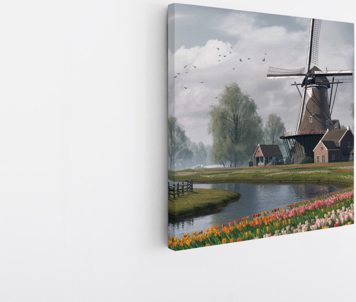 Saammp Canvas Schilderij - Tulpen met molen - Natuur - Landschap - 30x30 - Foto op canvas - Wanddecoratie - Muurdecoratie Woonkamer - Slaapkamer decoratie - Canvas Print Multicolor