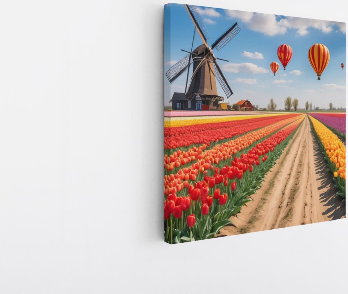 Saammp Canvas Schilderij - Landschap - Luchtballonnen boven een tulpenveld met een molen -