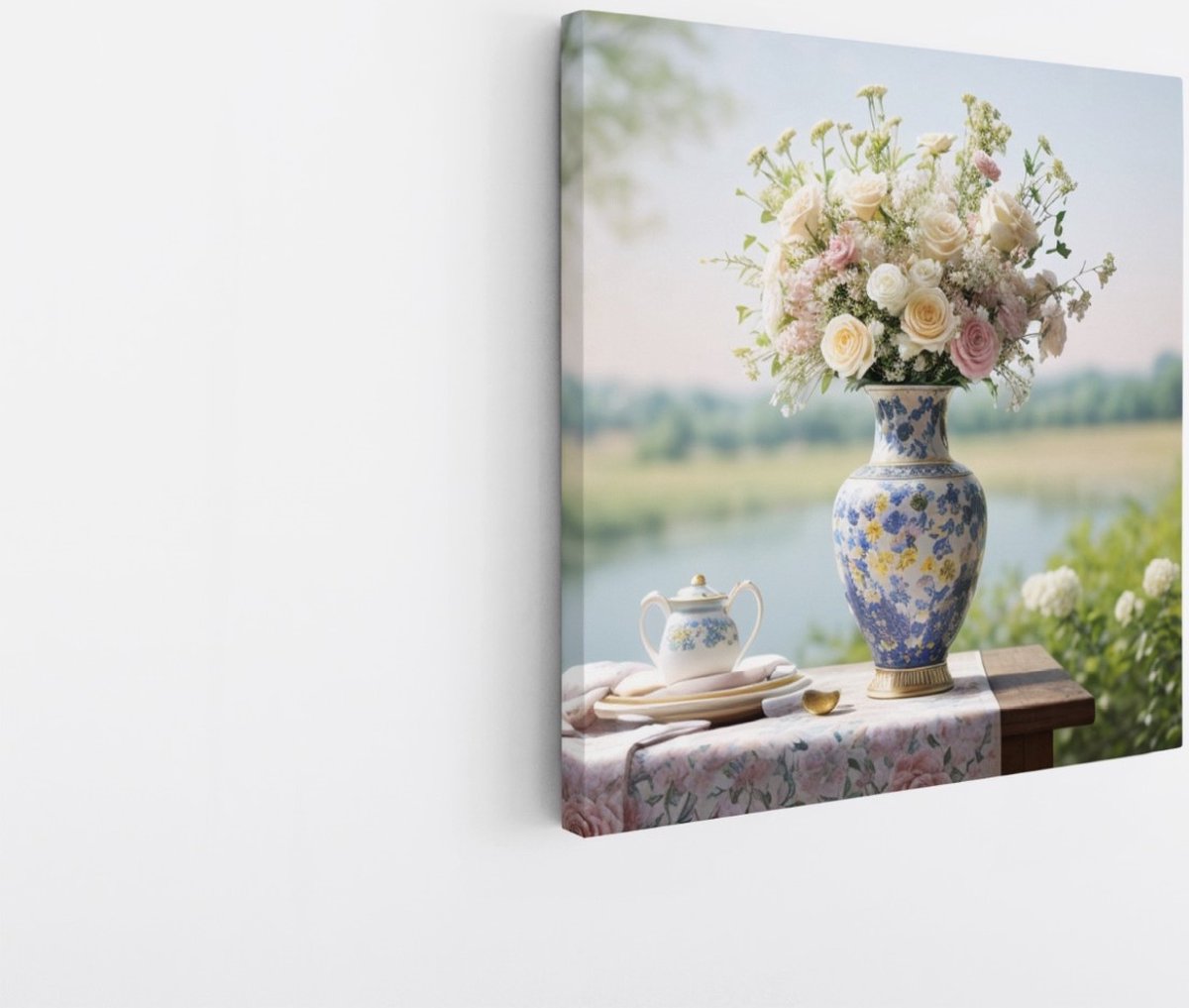 Saammp Canvas Schilderij - Bloemen in Blauwe vaas - Abstract - 100x100 - Foto op canvas - Wanddecoratie - Muurdecoratie Woonkamer - Kantoor Decoratie Multicolor