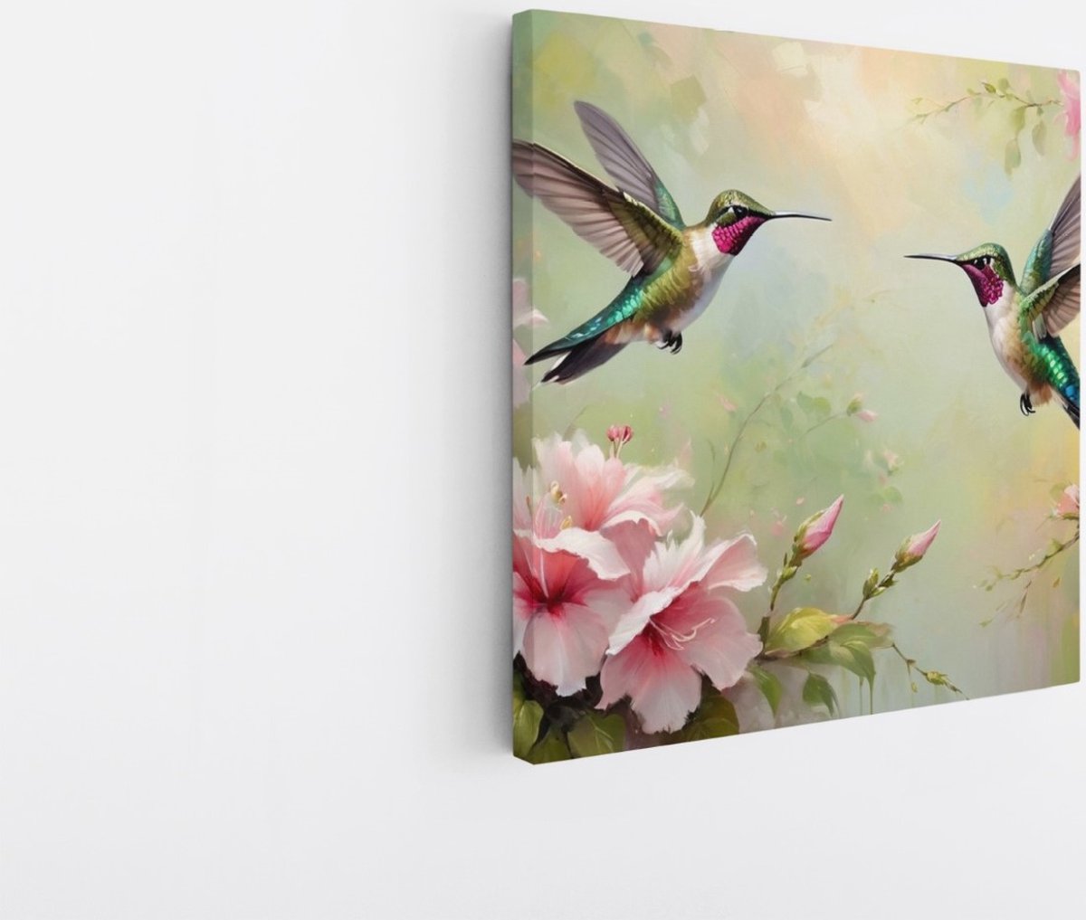 Saammp Canvas Schilderij - Abstracte Kolibries - Dieren - Bloemen - 60x60 - Foto op canvas - Wanddecoratie - muurdecoratie Woonkamer - Slaapkamer decoratie - Canvas Print Multicolor