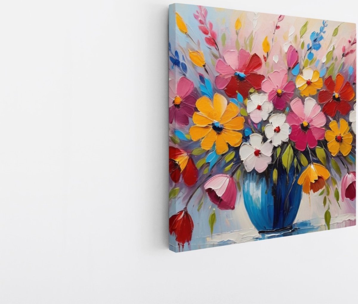Saammp Canvas Schilderij - Gekleurde bloemen in vaas - Abstract - 60x60 - Foto op canvas - Wanddecoratie - Muurdecoratie Woonkamer - Kantoor Decoratie Multicolor