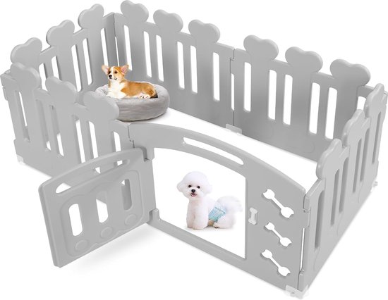 Puppy-uitloop, 60 cm hoog, 5 + 1 platen, plastic puppybox, opvouwbaar hondenrooster, weerbestendig hondenhek met poort, incl. zuignappen en grondankers, hondenkooi voor thuis en buiten, grijs