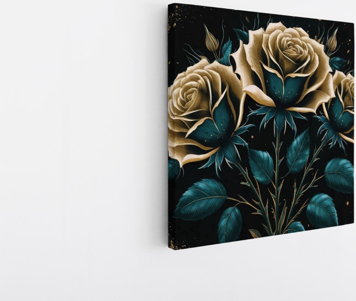 Saammp Canvas Schilderij - goud Groene bloemen - Abstract - 40x40 - Foto op canvas - Wanddecoratie - Muurdecoratie Woonkamer - Kantoor Decoratie Multicolor