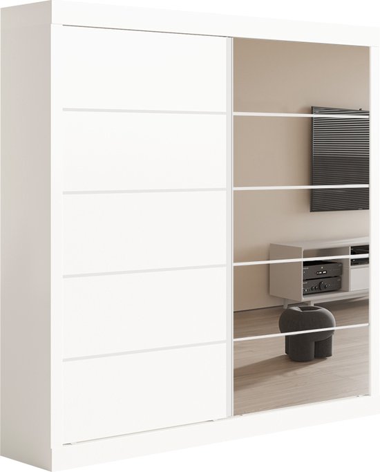 Armoire Interiax «Mila» - Armoire à portes coulissantes Witte avec 1 cintre, 4 Étagères et miroir | 197,5 x 182,5 x 52,5 cm