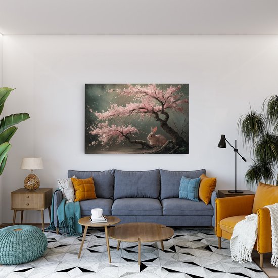 Saammp Canvas Schilderij - Haas bij roze boom - Landschap - Natuur - 150x100 - Foto op canvas - Wanddecoratie - Muurdecoratie Woonkamer - Slaapkamer decoratie - Canvas Print