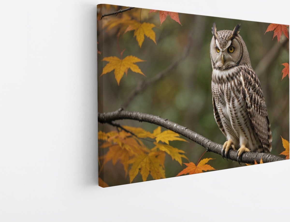 Saammp Canvas Schilderij - Uil op tak in de herfst - Natuur - Dieren - 60x40 - Foto op canvas - Wanddecoratie - Muurdecoratie Woonkamer - Slaapkamer decoratie - Canvas Print Multicolor