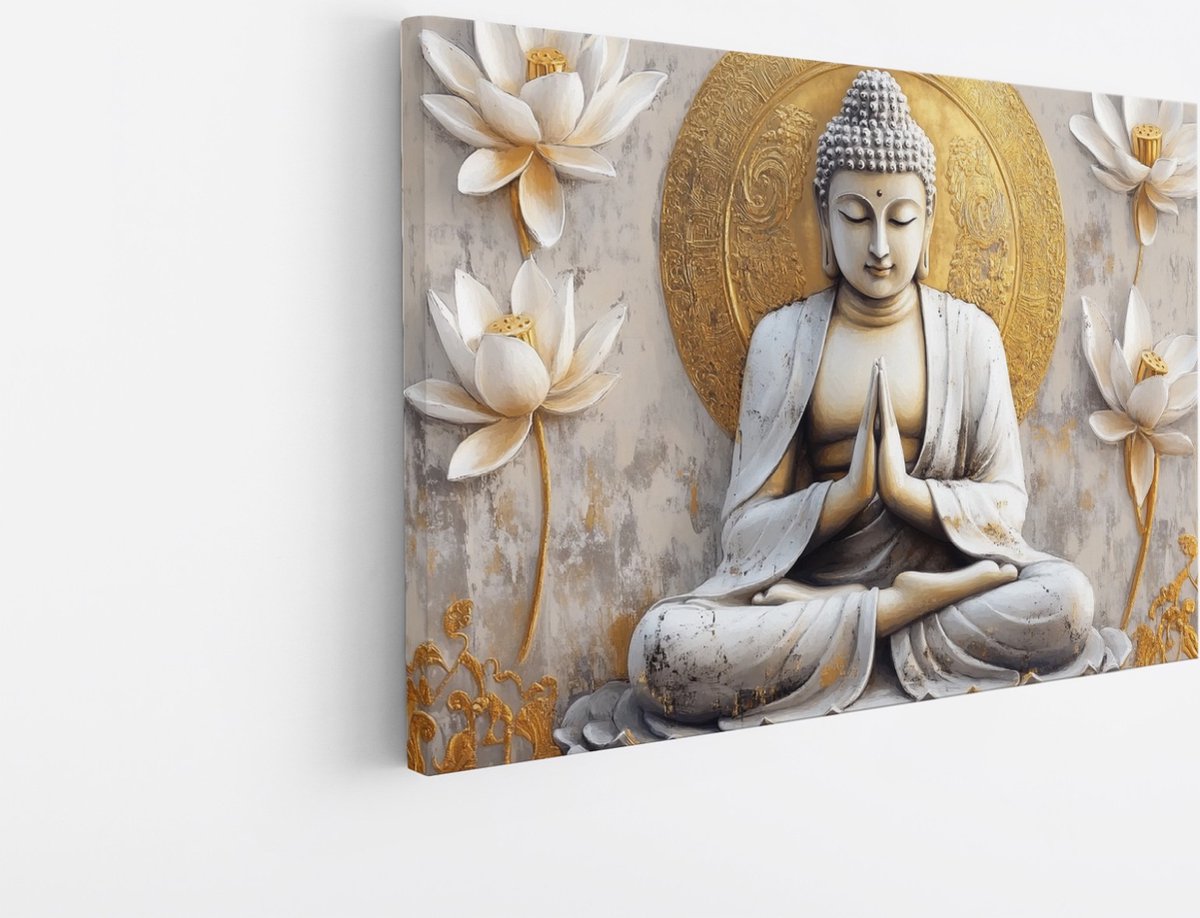 Saammp Canvas Schilderij - Boeddha met witte bloemen - 60x40 - Foto op canvas - Wanddecoratie - Muurdecoratie Woonkamer - Canvas schilderijen Multicolor