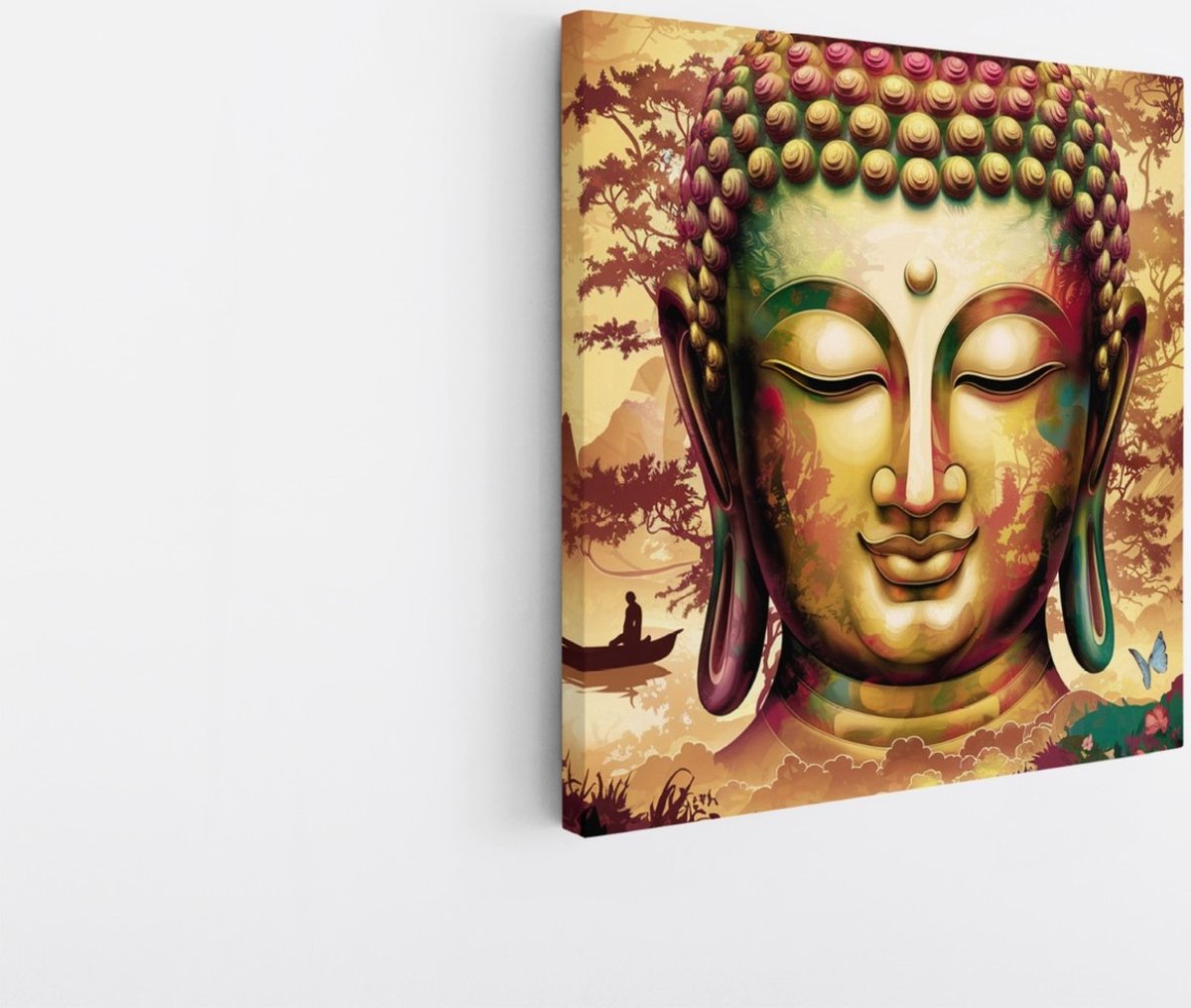 Saammp Canvas Schilderij - Boeddha met vlinders en bloemen - 20x20 - Foto op canvas - Wanddecoratie - Muurdecoratie Woonkamer - Canvas schilderijen Multicolor