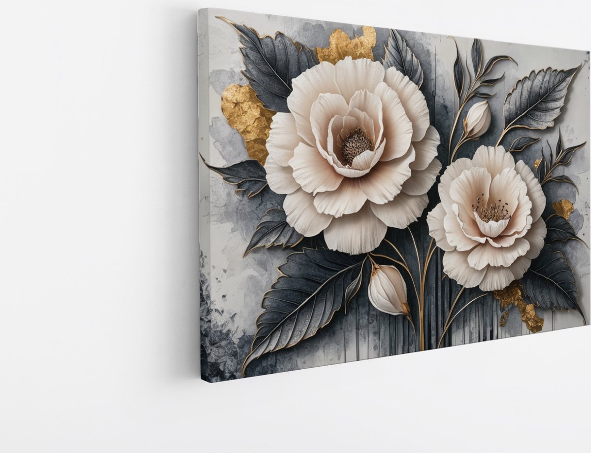 Saammp Canvas Schilderij - 2 witte bloemen - Abstract - 60x40 - Foto op canvas - Wanddecoratie - Muurdecoratie Woonkamer - Kantoor Decoratie Multicolor