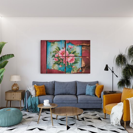 Saammp Canvas Schilderij - Bloemen op hout - Abstract - 60x40 - Foto op canvas - Wanddecoratie - Muurdecoratie Woonkamer - Kantoor Decoratie