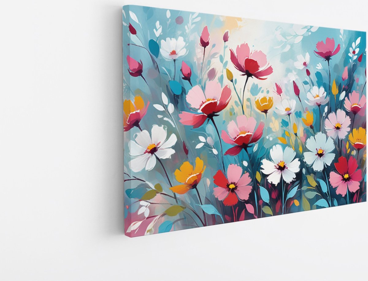 Saammp Canvas Schilderij - Kleurrijke Getekende Bloemen - Abstract - 60x40 - Foto op canvas - Wanddecoratie - Muurdecoratie Woonkamer - Kantoor Decoratie Multicolor