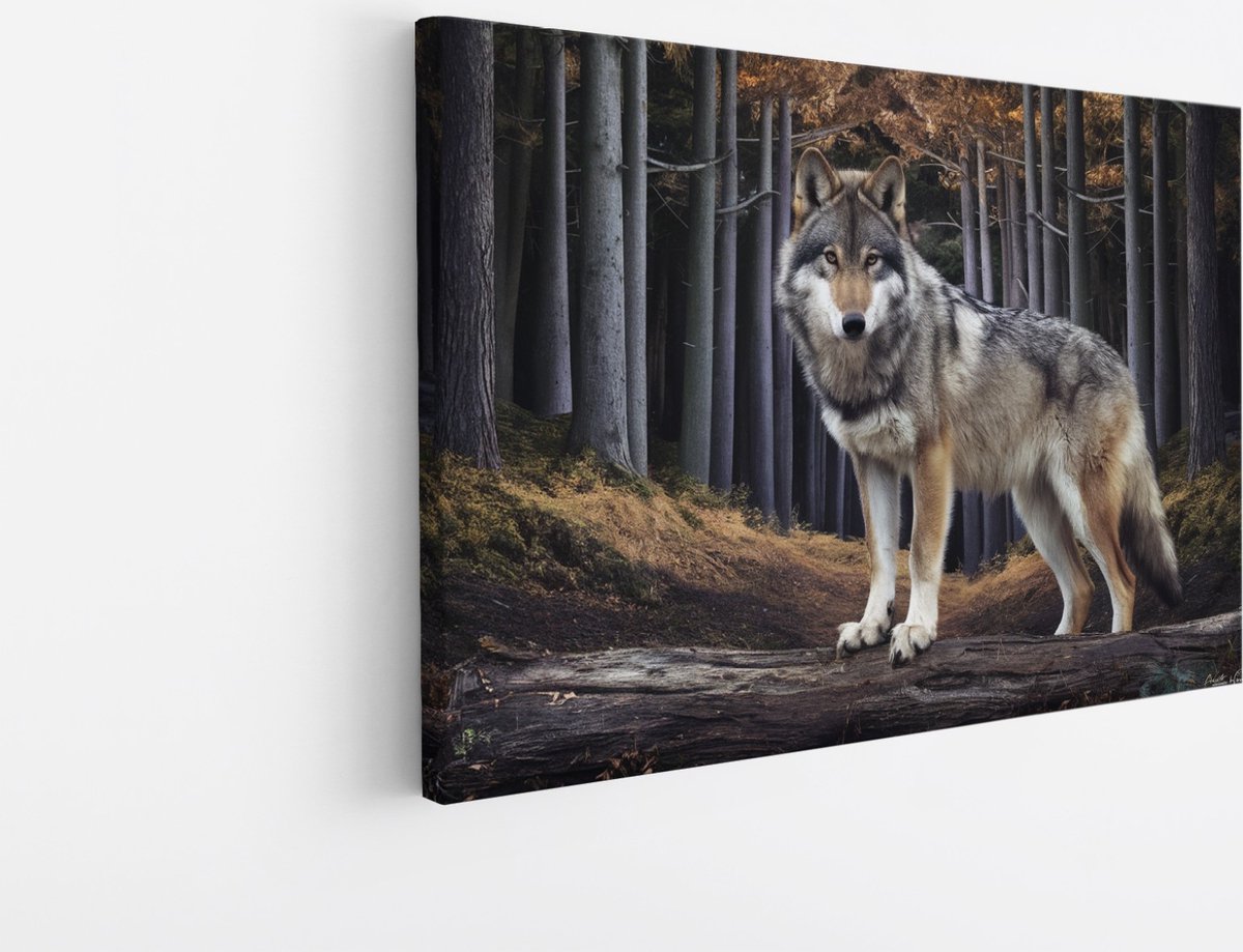 Saammp Canvas Schilderij - Wolf in het bos - Dieren - Natuur - 90x60 - Foto op canvas - Wanddecoratie - muurdecoratie Woonkamer - Slaapkamer decoratie - Canvas Print Multicolor