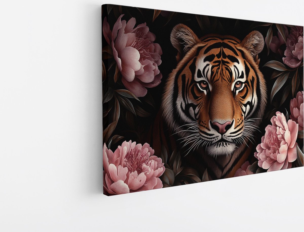 Saammp Canvas Schilderij - Natuur - Tijger tussen de roze bloemen - landschap - 40x30 - Foto op canvas - Wanddecoratie - Muurdecoratie Woonkamer - Slaapkamer decoratie - Canvas Print Multicolor
